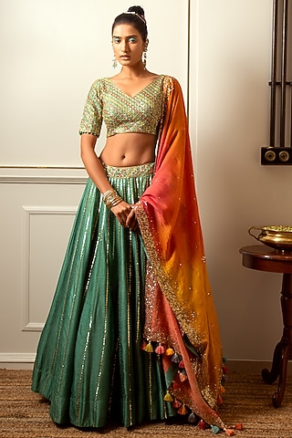 Teal Green Dupion Silk Embroidered Lehenga Set by Loka By Veerali Raveshia