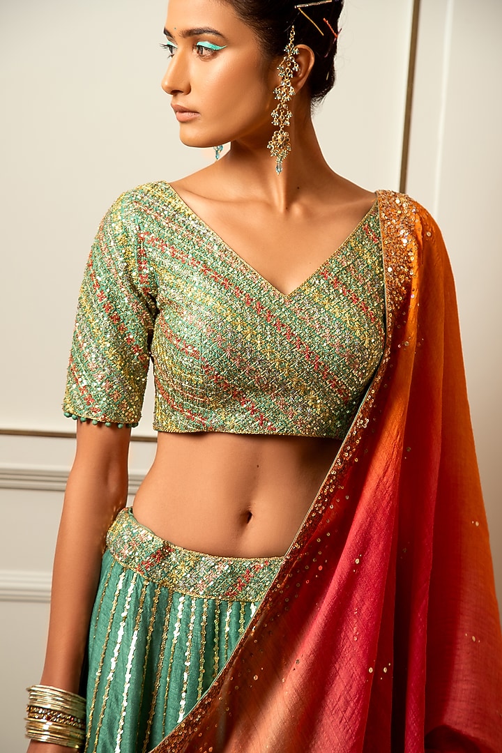 Teal Green Dupion Silk Embroidered Wedding Lehenga Set by Loka By Veerali Raveshia at Pernia's Pop Up Shop