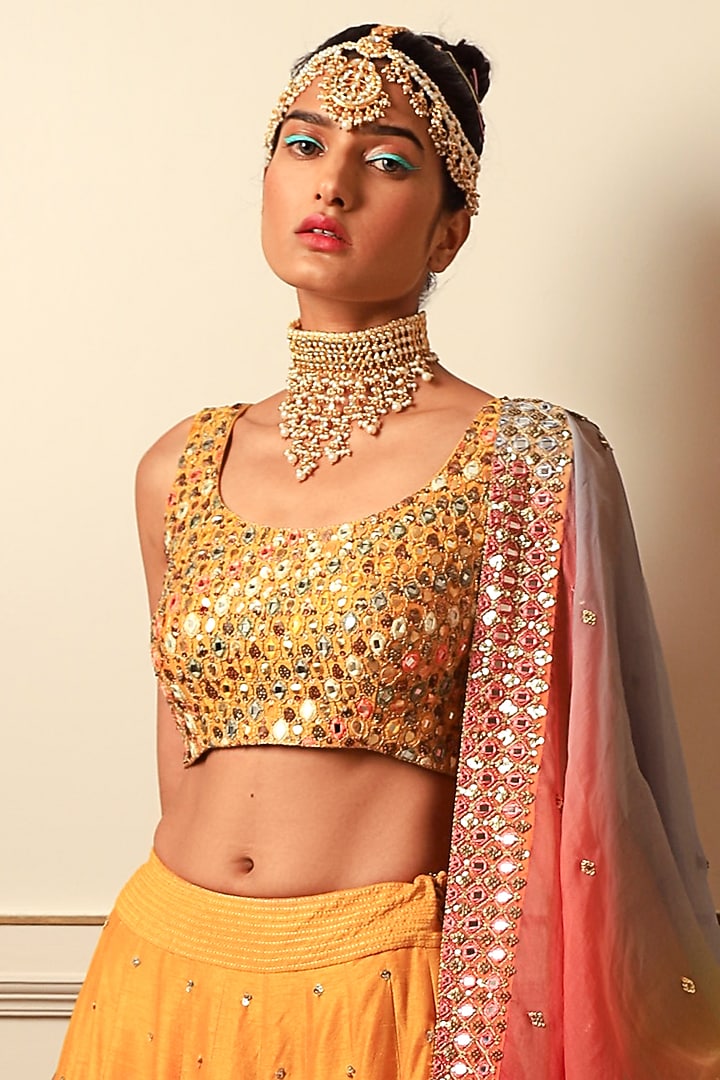 Mango Yellow Silk Hand Embroidered Wedding Lehenga Set by Loka By Veerali Raveshia at Pernia's Pop Up Shop