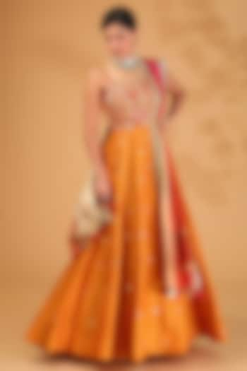 Orange Dupion Silk & Tussar Silk Floral Hand Embroidered Anarkali Set by LOKA By Veerali Raveshia at Pernia's Pop Up Shop