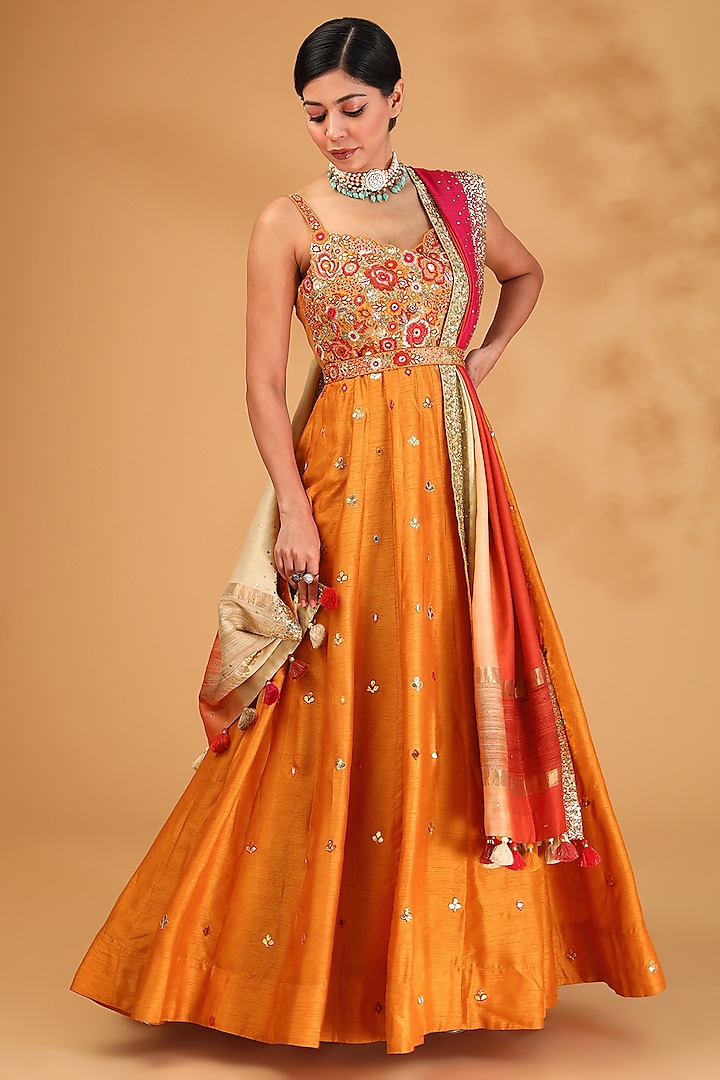 Orange Dupion Silk & Tussar Silk Floral Hand Embroidered Anarkali Set by LOKA By Veerali Raveshia at Pernia's Pop Up Shop