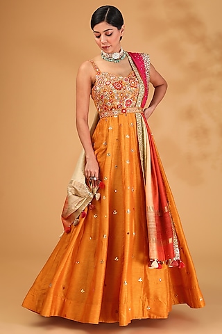 Orange Dupion Silk & Tussar Silk Floral Hand Embroidered Anarkali Set by LOKA By Veerali Raveshia