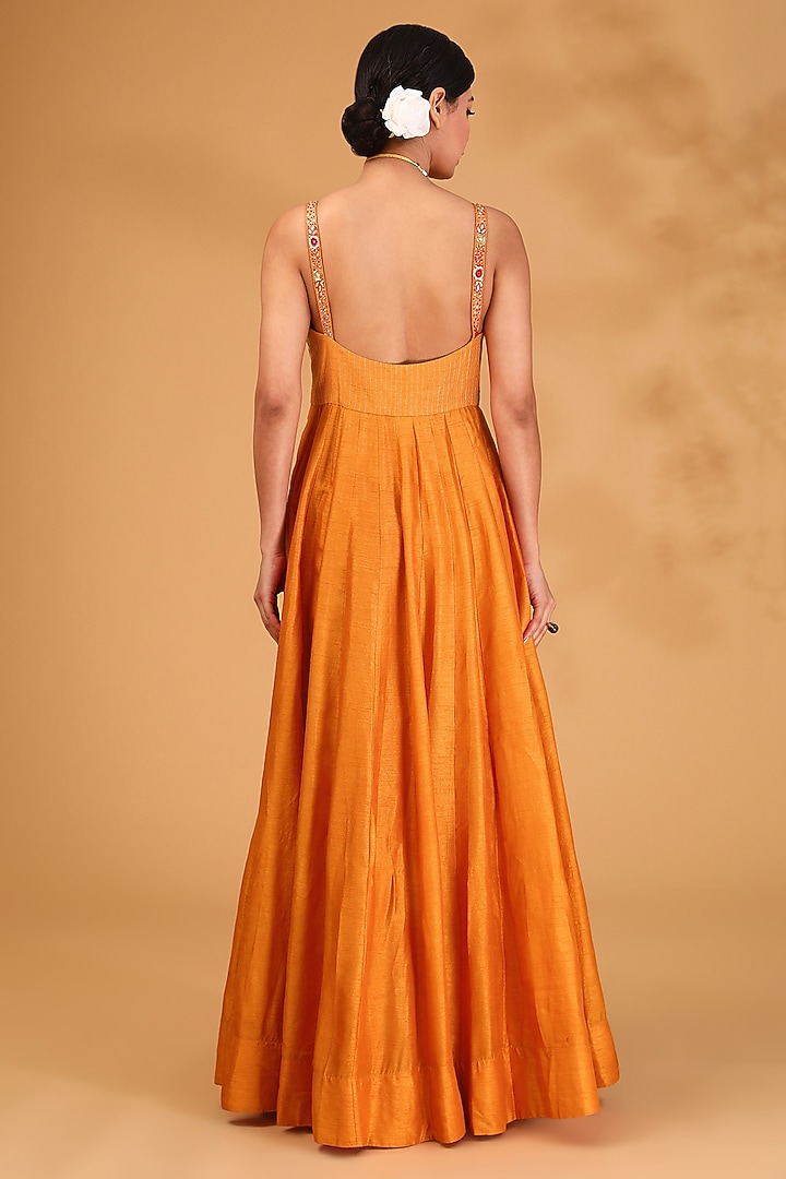 Orange Dupion Silk & Tussar Silk Floral Hand Embroidered Wedding Anarkali Set by LOKA By Veerali Raveshia at Pernia's Pop Up Shop