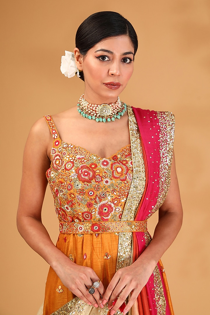 Orange Dupion Silk & Tussar Silk Floral Hand Embroidered Wedding Anarkali Set by LOKA By Veerali Raveshia at Pernia's Pop Up Shop