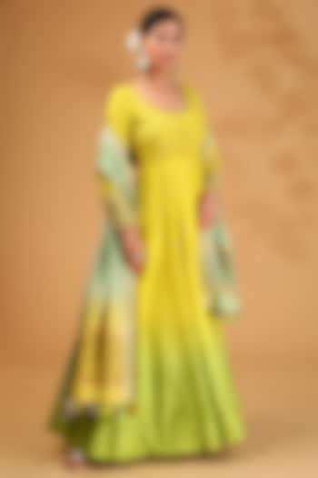 Yellow Ombre Dupion Silk Hand Embroidered Kalidar Anarkali Set by LOKA By Veerali Raveshia at Pernia's Pop Up Shop