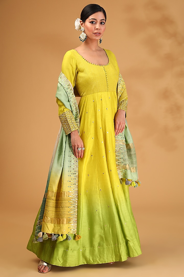 Yellow Ombre Dupion Silk Hand Embroidered Kalidar Anarkali Set by LOKA By Veerali Raveshia at Pernia's Pop Up Shop