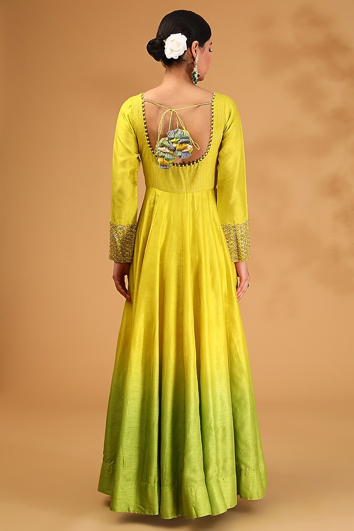 Yellow Ombre Dupion Silk Hand Embroidered Kalidar Wedding Anarkali Set by LOKA By Veerali Raveshia at Pernia's Pop Up Shop