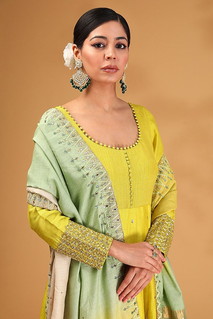 Yellow Ombre Dupion Silk Hand Embroidered Kalidar Wedding Anarkali Set by LOKA By Veerali Raveshia at Pernia's Pop Up Shop