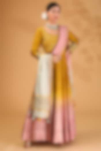 Yellow Ombre Dupion Silk Hand Embroidered Kalidar Anarkali Set by LOKA By Veerali Raveshia at Pernia's Pop Up Shop