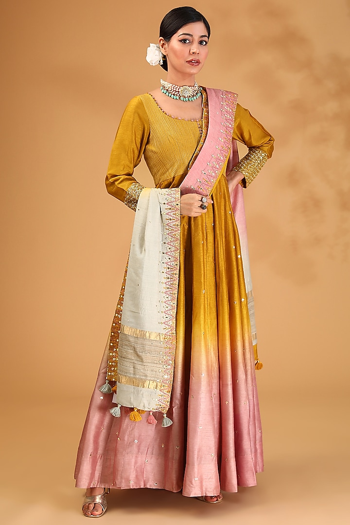 Yellow Ombre Dupion Silk Hand Embroidered Kalidar Anarkali Set by LOKA By Veerali Raveshia at Pernia's Pop Up Shop