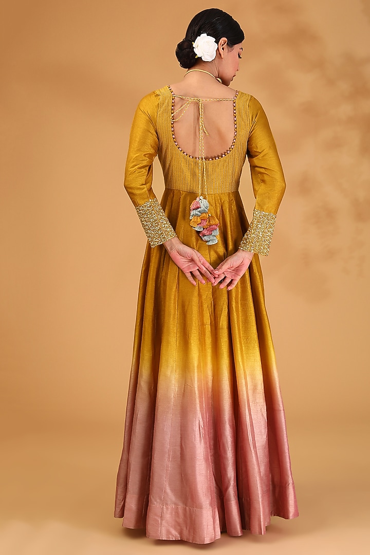 Yellow Ombre Dupion Silk Hand Embroidered Kalidar Wedding Anarkali Set by LOKA By Veerali Raveshia at Pernia's Pop Up Shop