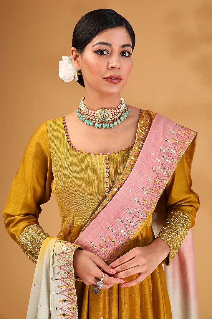 Yellow Ombre Dupion Silk Hand Embroidered Kalidar Wedding Anarkali Set by LOKA By Veerali Raveshia at Pernia's Pop Up Shop