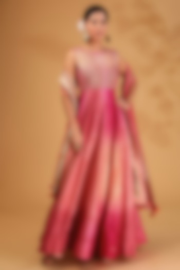 Blush Peach Ombre Dupion Silk Resham Embroidered Wedding Anarkali Set by LOKA By Veerali Raveshia at Pernia's Pop Up Shop