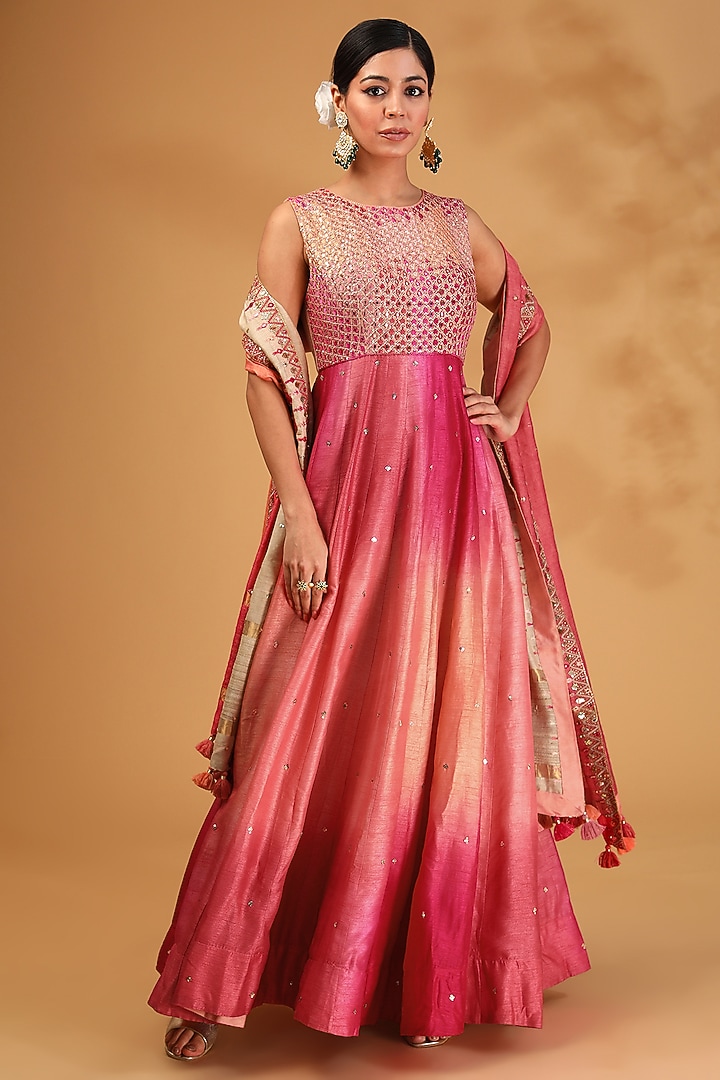 Blush Peach Ombre Dupion Silk Resham Embroidered Wedding Anarkali Set by LOKA By Veerali Raveshia at Pernia's Pop Up Shop