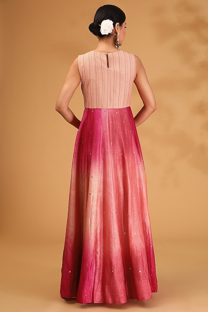 Blush Peach Ombre Dupion Silk Resham Embroidered Wedding Anarkali Set by LOKA By Veerali Raveshia at Pernia's Pop Up Shop