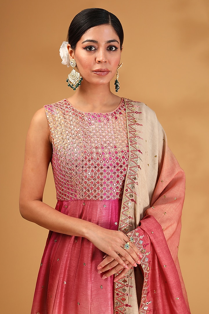 Blush Peach Ombre Dupion Silk Resham Embroidered Wedding Anarkali Set by LOKA By Veerali Raveshia at Pernia's Pop Up Shop