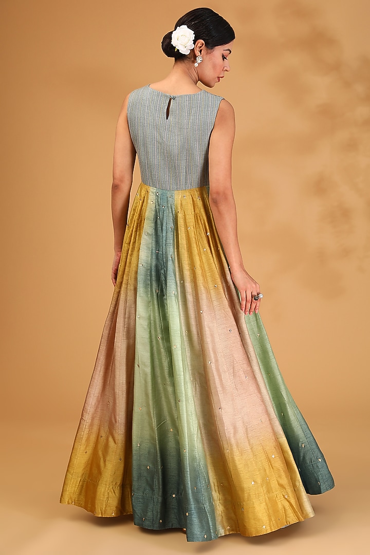Icy Teal Ombre Dupion Silk Resham Embroidered Wedding Anarkali Set by LOKA By Veerali Raveshia at Pernia's Pop Up Shop