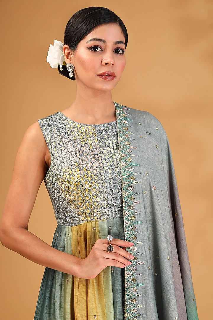 Icy Teal Ombre Dupion Silk Resham Embroidered Wedding Anarkali Set by LOKA By Veerali Raveshia at Pernia's Pop Up Shop