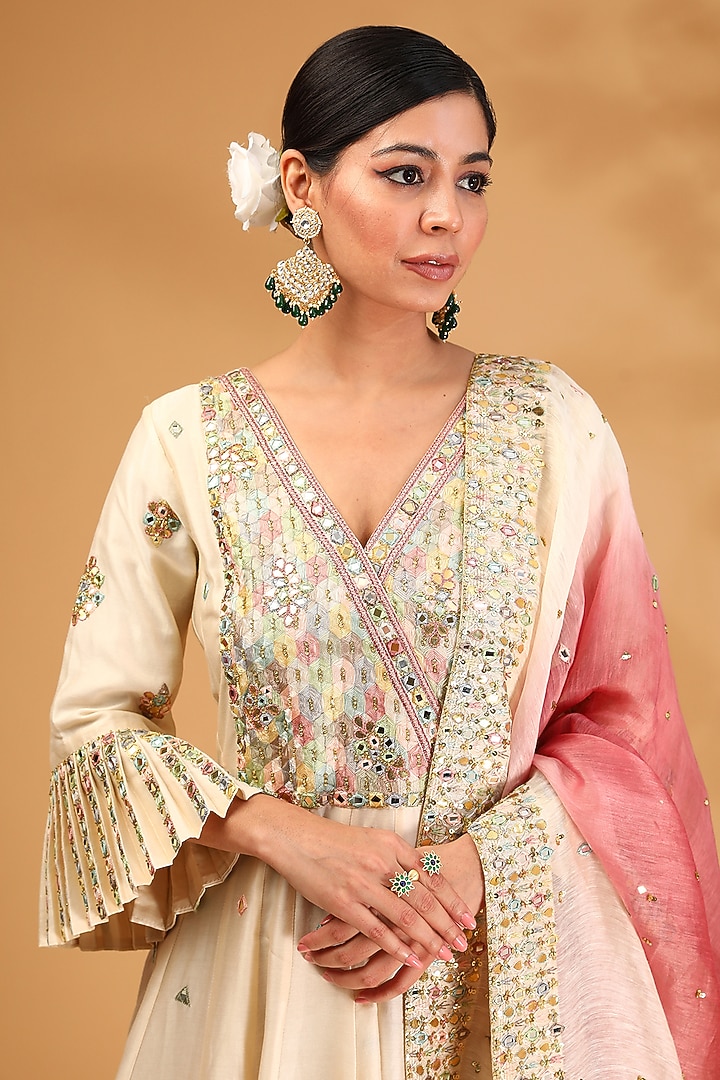 Ivory Chanderi Silk Thread Embroidered Wedding Anarkali Set by LOKA By Veerali Raveshia at Pernia's Pop Up Shop