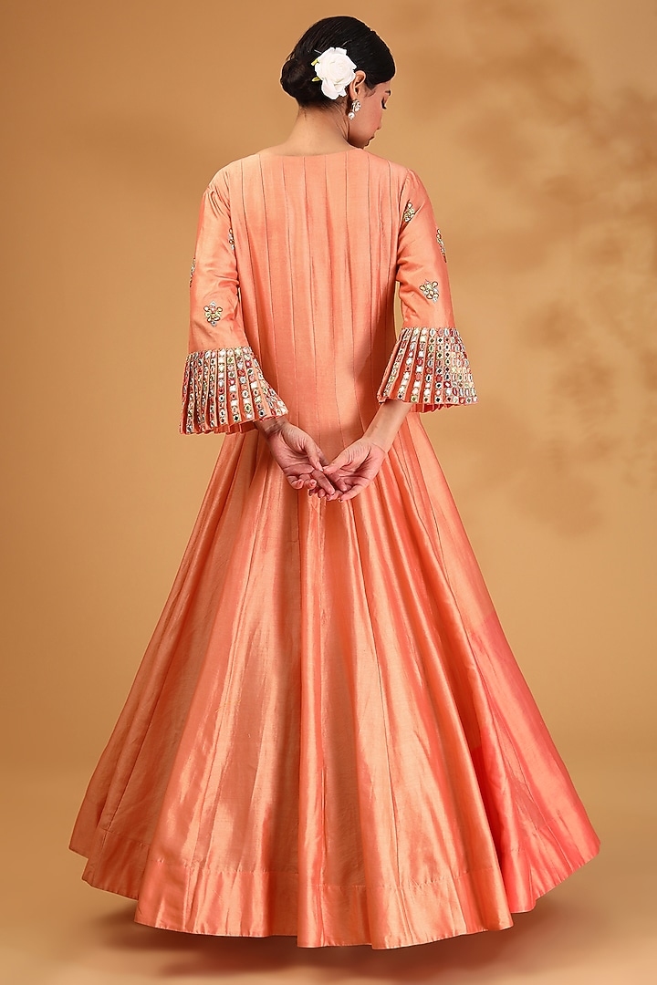 Peach Chanderi Silk Thread Embroidered Wedding Anarkali Set by LOKA By Veerali Raveshia at Pernia's Pop Up Shop