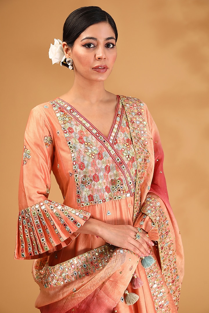 Peach Chanderi Silk Thread Embroidered Wedding Anarkali Set by LOKA By Veerali Raveshia at Pernia's Pop Up Shop