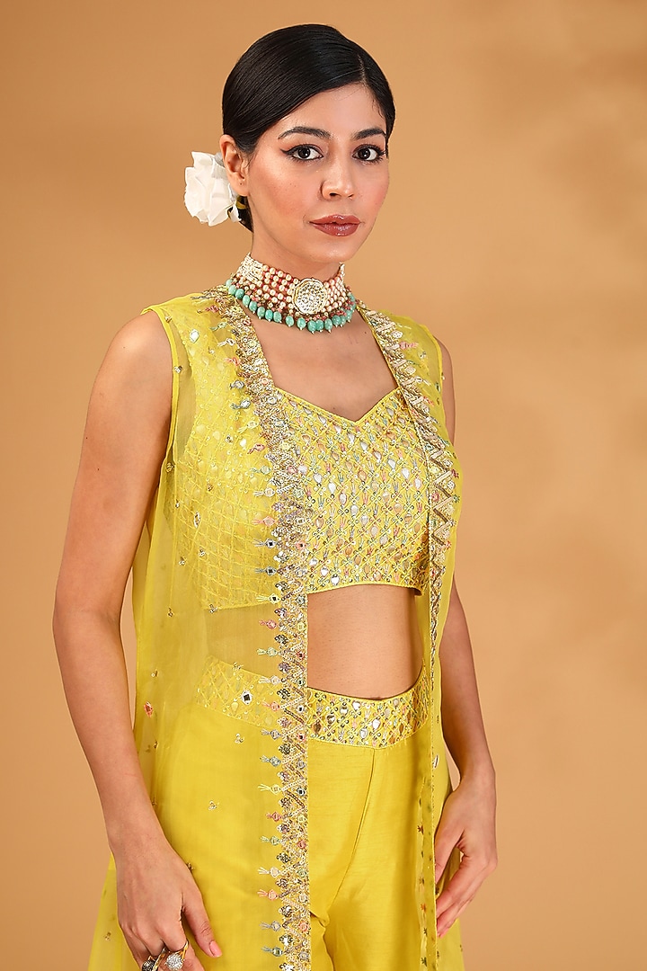 Yellow Organza Sequin Embellished Cape Set by LOKA By Veerali Raveshia at Pernia's Pop Up Shop