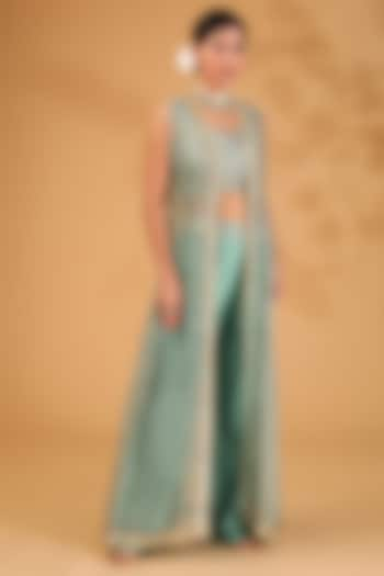 Teal Organza Sequin Embellished Cape Set by LOKA By Veerali Raveshia at Pernia's Pop Up Shop