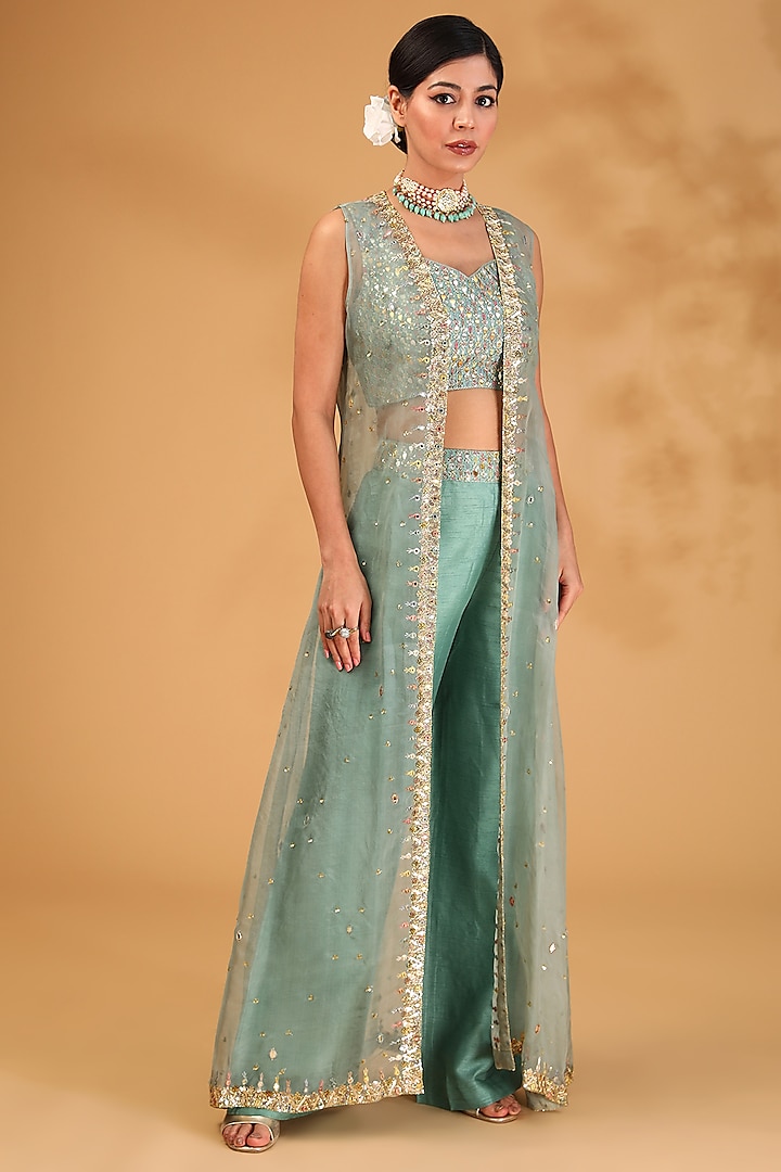 Teal Organza Sequin Embellished Cape Set by LOKA By Veerali Raveshia at Pernia's Pop Up Shop