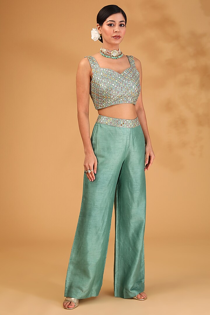 Teal Organza Sequin Embellished Cape Set by LOKA By Veerali Raveshia at Pernia's Pop Up Shop