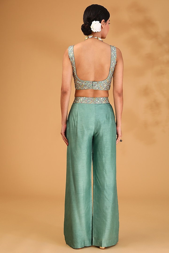 Teal Organza Sequin Embellished Cape Set by LOKA By Veerali Raveshia at Pernia's Pop Up Shop