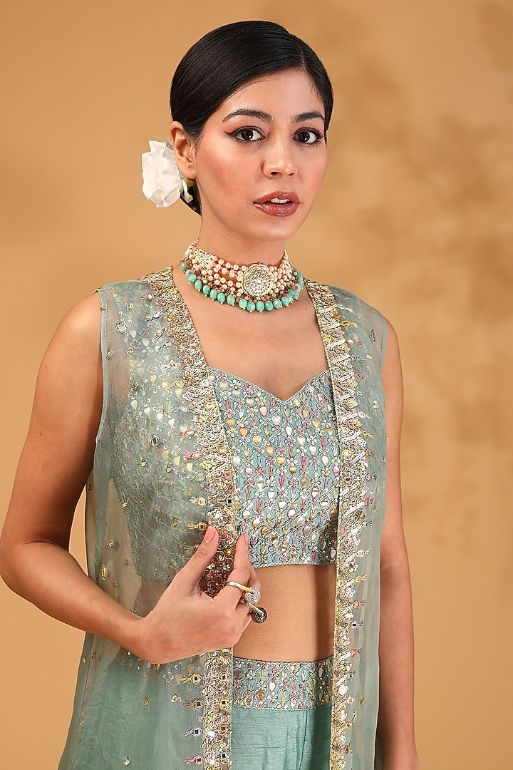 Teal Organza Sequin Embellished Cape Set by LOKA By Veerali Raveshia at Pernia's Pop Up Shop