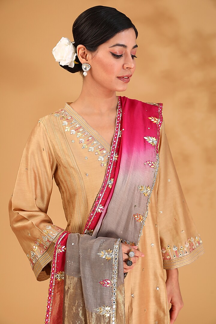 Beige Chanderi Silk Resham Embroidered Kurta Set by LOKA By Veerali Raveshia at Pernia's Pop Up Shop