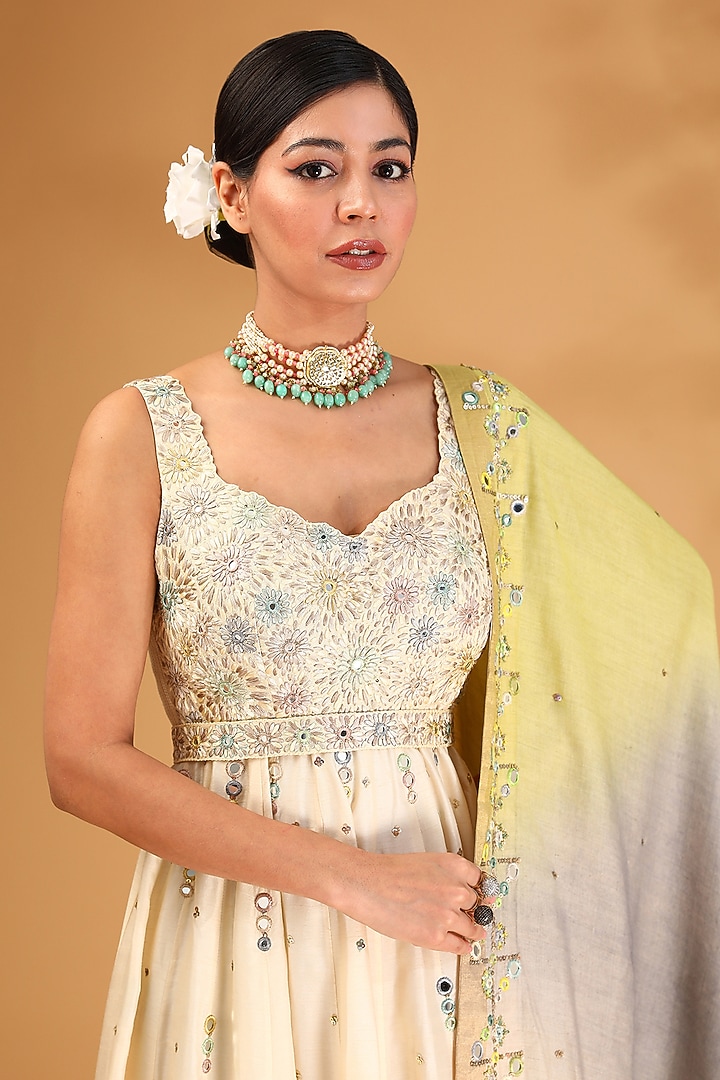 Ivory Dupion Silk Resham Embroidered Wedding Anarkali Set by LOKA By Veerali Raveshia at Pernia's Pop Up Shop