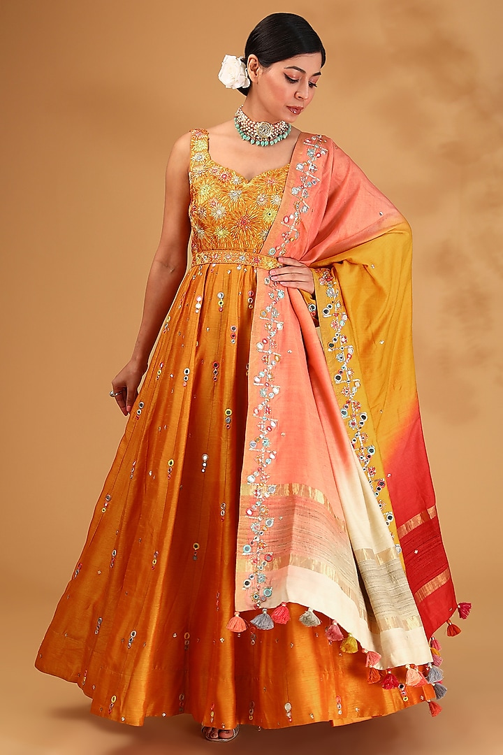 Orange Dupion Silk Resham Embroidered Anarkali Set by LOKA By Veerali Raveshia at Pernia's Pop Up Shop