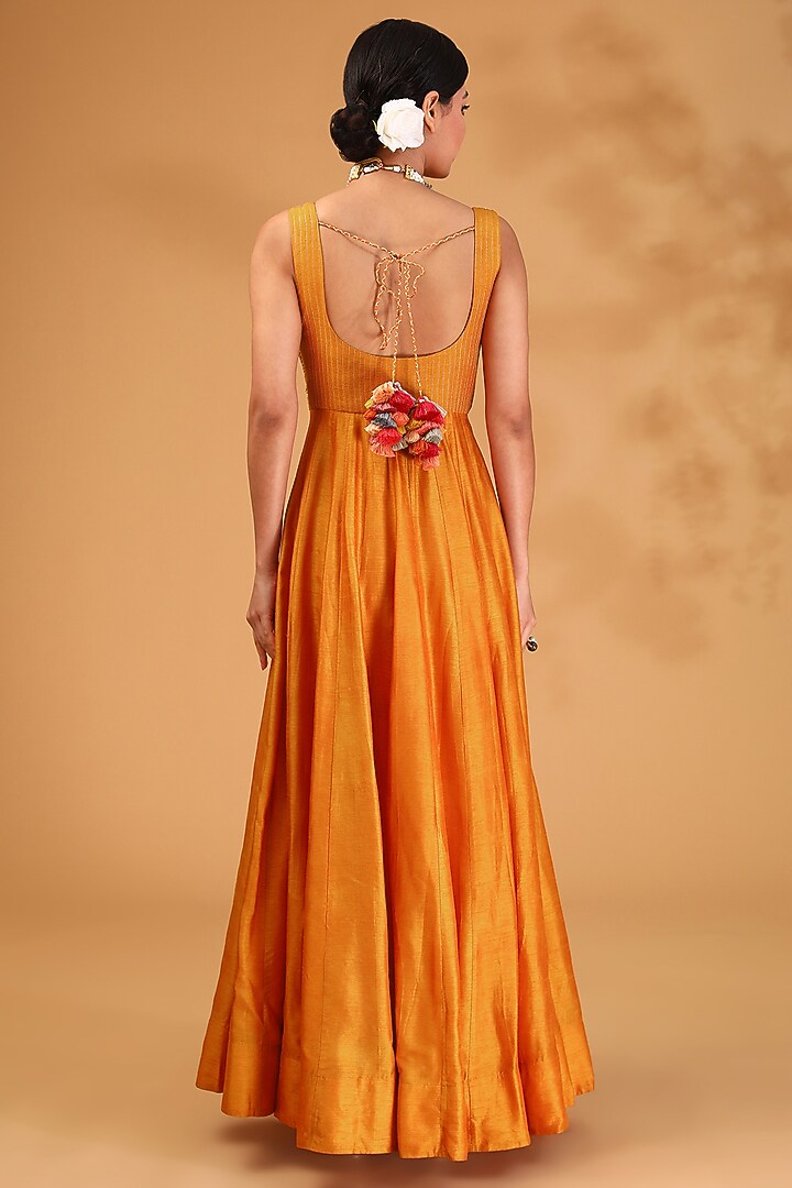 Orange Dupion Silk Resham Embroidered Wedding Anarkali Set by LOKA By Veerali Raveshia at Pernia's Pop Up Shop