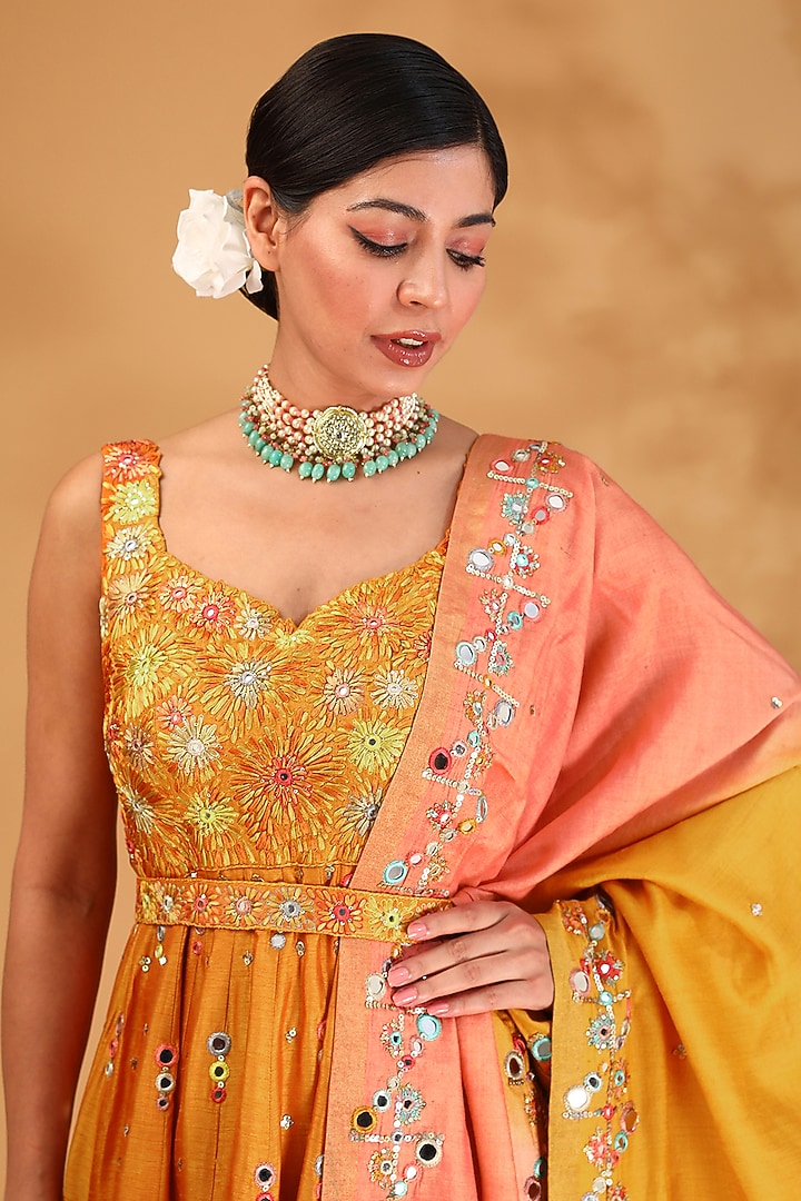 Orange Dupion Silk Resham Embroidered Wedding Anarkali Set by LOKA By Veerali Raveshia at Pernia's Pop Up Shop