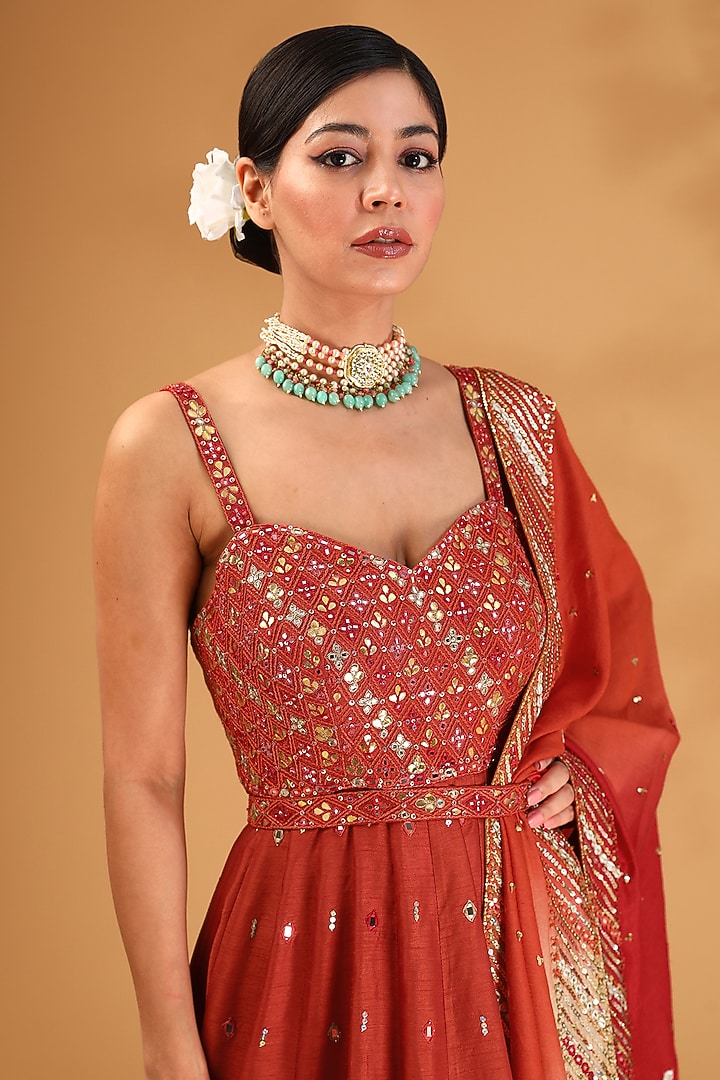 Rust Orange Dupion Silk Sequins Embroidered Wedding Anarkali Set by LOKA By Veerali Raveshia at Pernia's Pop Up Shop