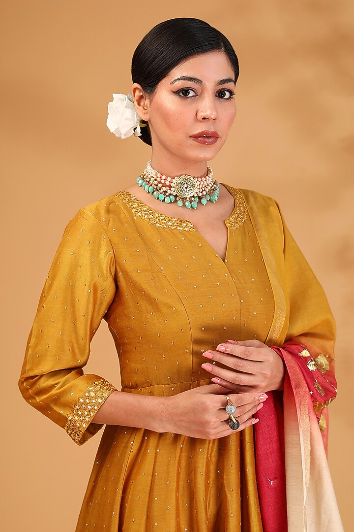Yellow Chanderi Silk Mirror Embroidered Kalidar Kurta Set by LOKA By Veerali Raveshia at Pernia's Pop Up Shop
