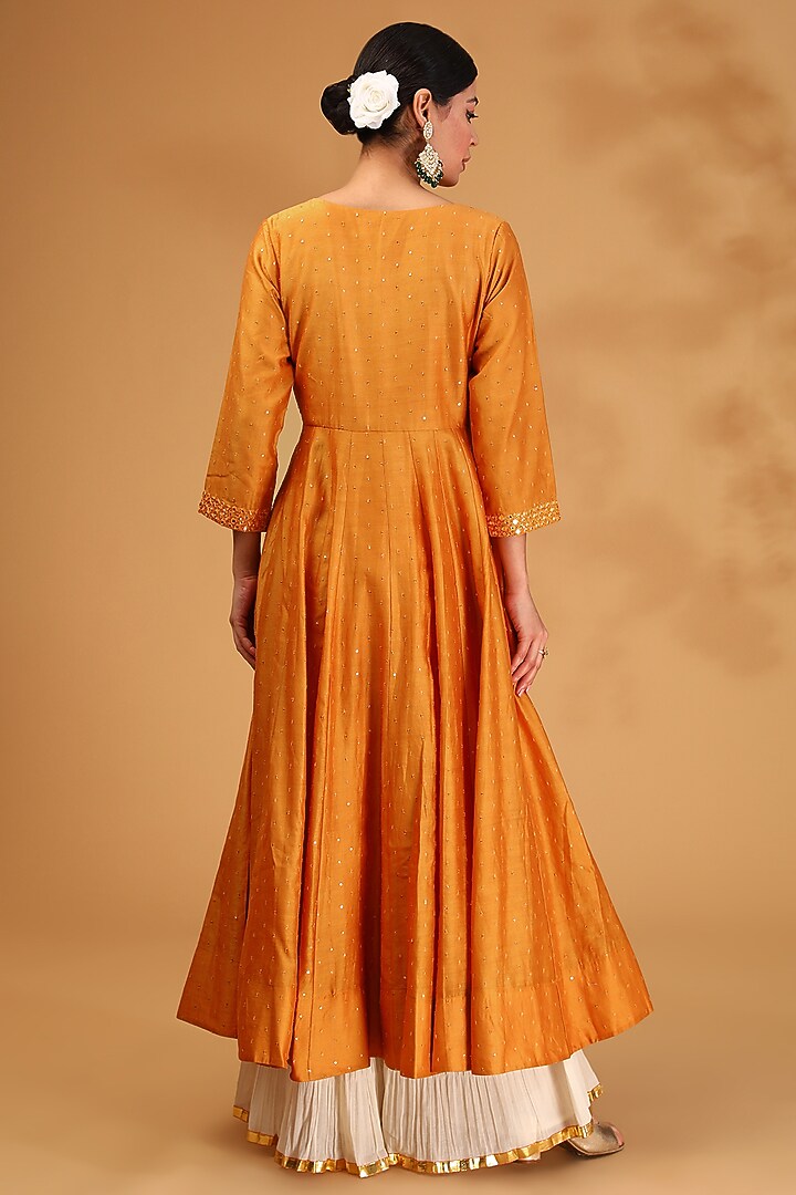 Orange Chanderi Silk Mirror Embroidered Kalidar Kurta Set by LOKA By Veerali Raveshia at Pernia's Pop Up Shop