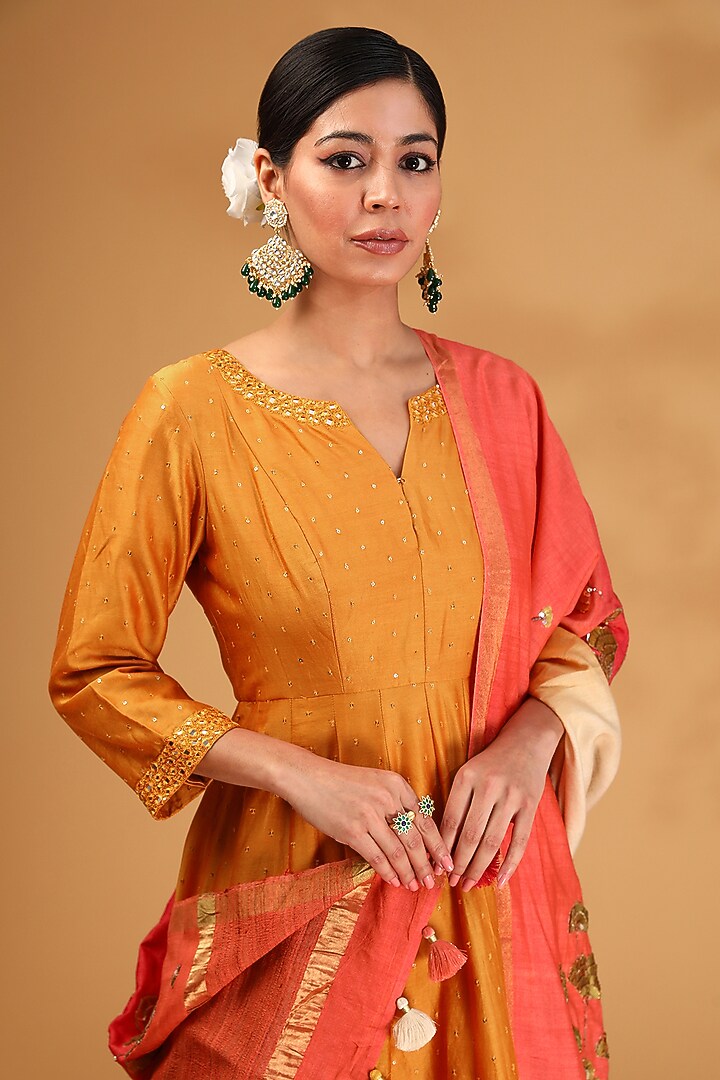 Orange Chanderi Silk Mirror Embroidered Kalidar Kurta Set by LOKA By Veerali Raveshia at Pernia's Pop Up Shop