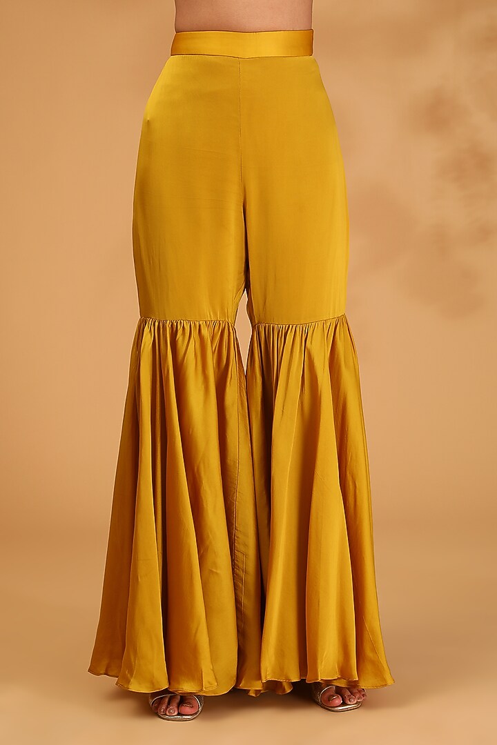 Yellow Gajji Silk & Satin Silk Sequins Embroidered Off-Shoulder Kaftan Set by LOKA By Veerali Raveshia at Pernia's Pop Up Shop