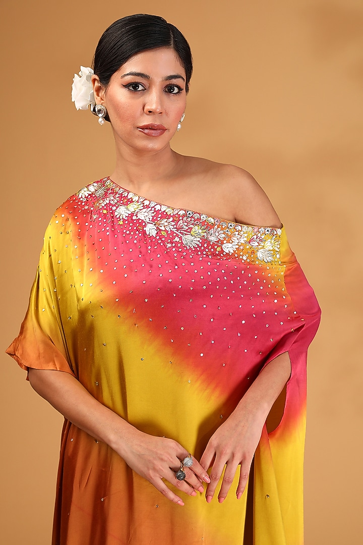 Yellow Gajji Silk & Satin Silk Sequins Embroidered Off-Shoulder Kaftan Set by LOKA By Veerali Raveshia at Pernia's Pop Up Shop
