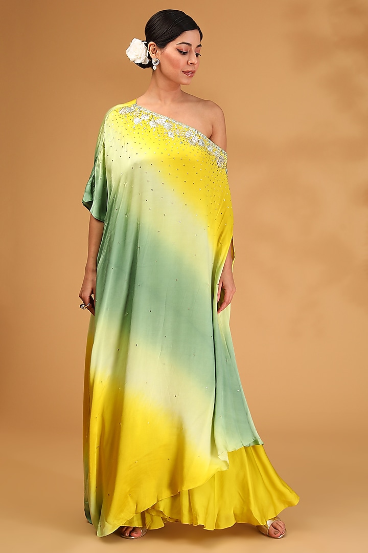 Green Gajji Silk & Satin Silk Sequins Embroidered Off-Shoulder Kaftan Set by LOKA By Veerali Raveshia at Pernia's Pop Up Shop