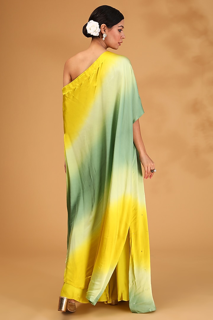 Green Gajji Silk & Satin Silk Sequins Embroidered Off-Shoulder Kaftan Set by LOKA By Veerali Raveshia at Pernia's Pop Up Shop