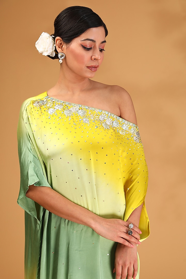 Green Gajji Silk & Satin Silk Sequins Embroidered Off-Shoulder Kaftan Set by LOKA By Veerali Raveshia at Pernia's Pop Up Shop