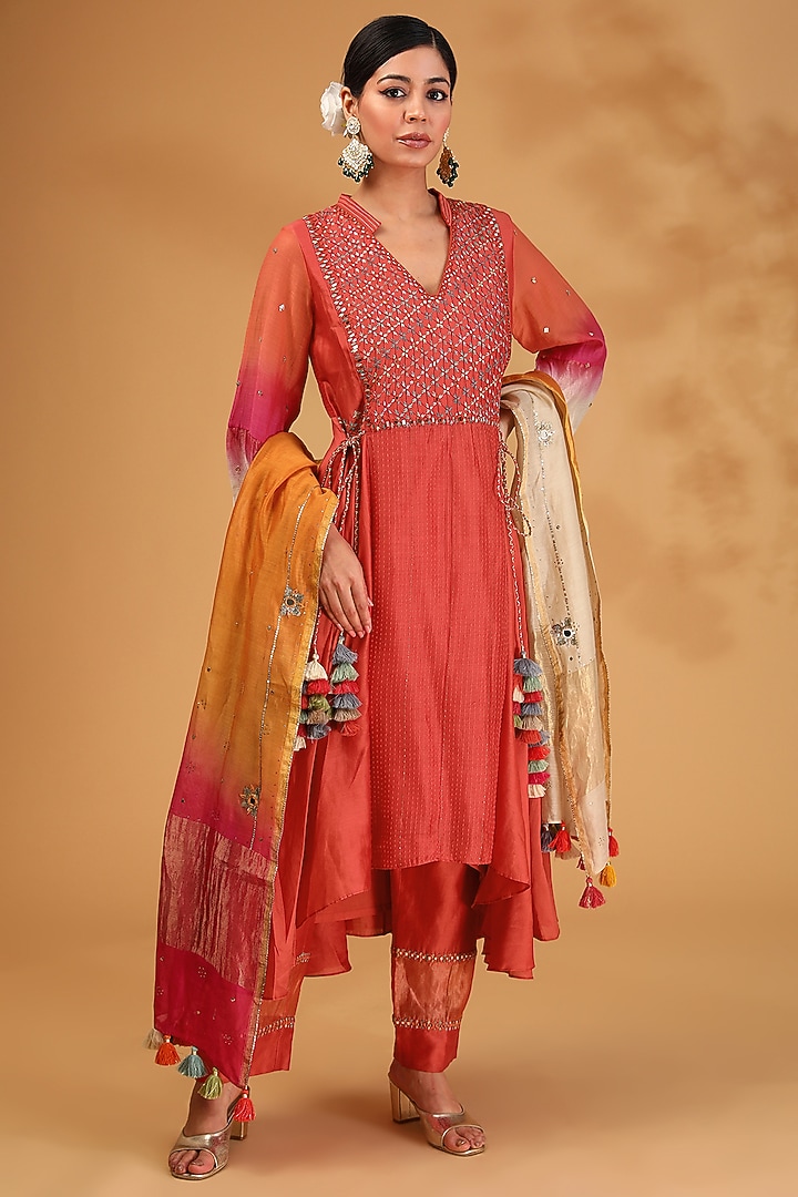 Rust Orange Chanderi Silk Hand Embroidered Flared Kurta Set by LOKA By Veerali Raveshia at Pernia's Pop Up Shop