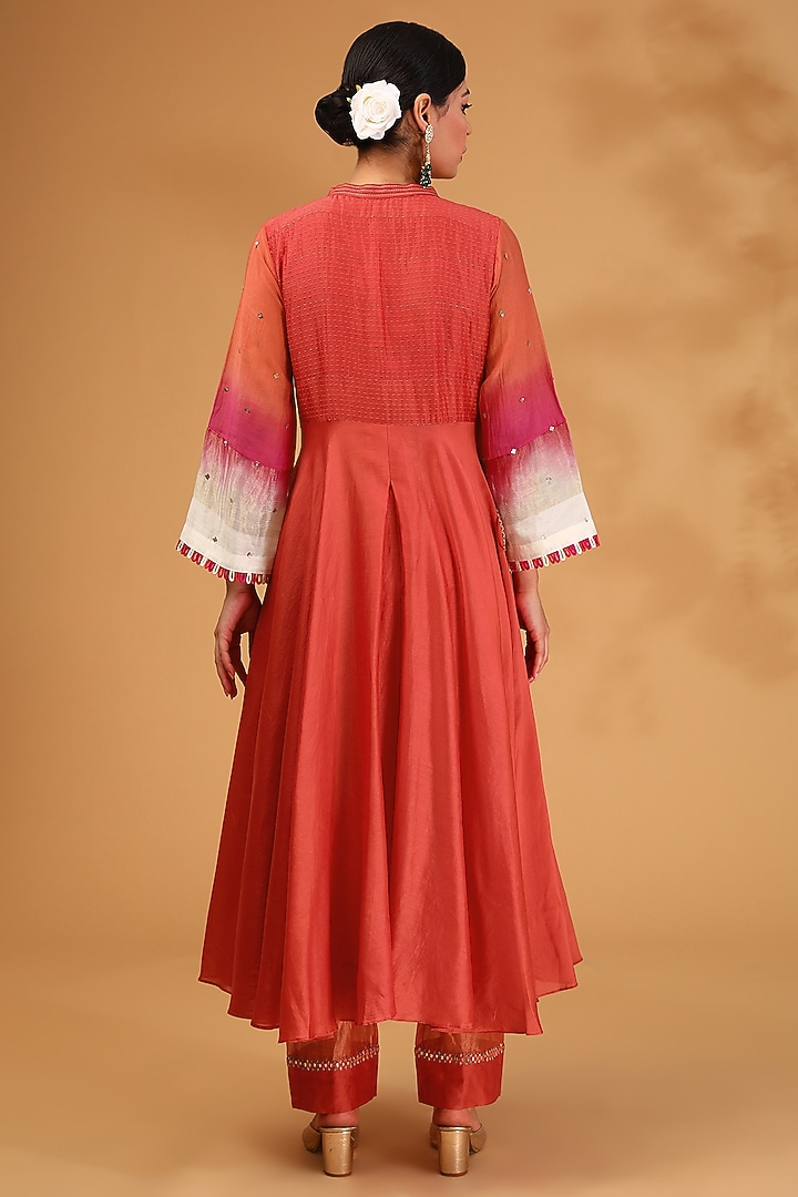 Rust Orange Chanderi Silk Hand Embroidered Flared Kurta Set by LOKA By Veerali Raveshia at Pernia's Pop Up Shop
