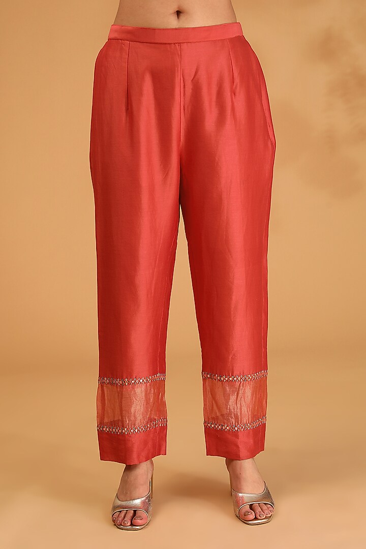 Rust Orange Chanderi Silk Hand Embroidered Flared Kurta Set by LOKA By Veerali Raveshia at Pernia's Pop Up Shop