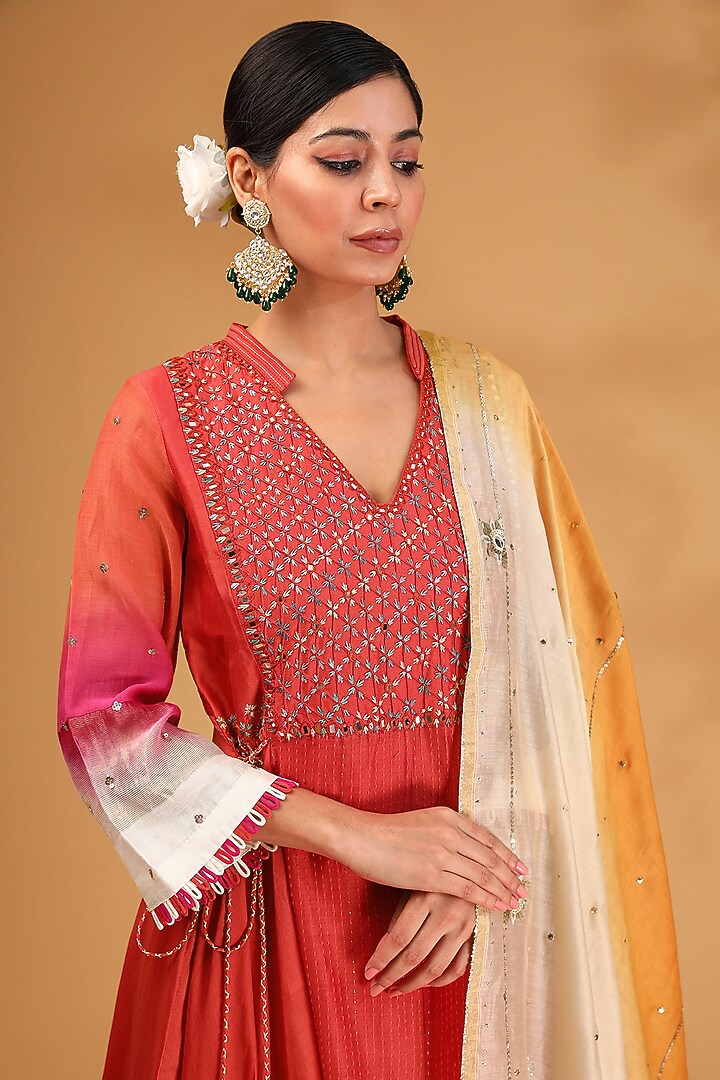 Rust Orange Chanderi Silk Hand Embroidered Flared Kurta Set by LOKA By Veerali Raveshia at Pernia's Pop Up Shop