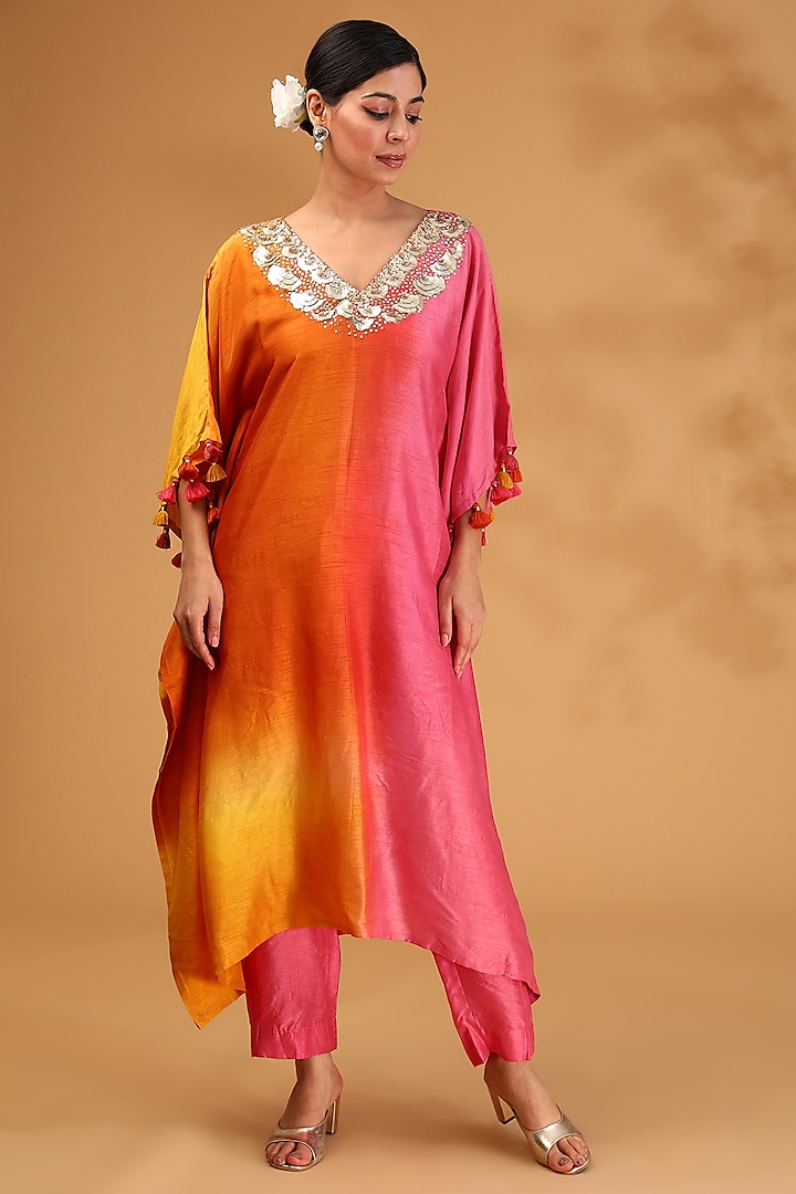 Orange Ombre Dupion Silk Gota Hand Embroidered Kurta Set by LOKA By Veerali Raveshia at Pernia's Pop Up Shop